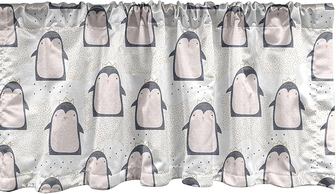Ambesonne Penguin Window Valance Pack of 2, Pastel Colored Style Cartoon Animals from Antarctica Crowns on a Dotted Background, Rod Pocket Curtain Valances for Kitchen Bedroom, 42" X 12", Grey Pink