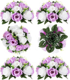 BLOSMON Purple Flowers Ball for Centerpieces: 6 Pcs Fake Lilac White Roses Flowers for Wedding Dinning Table - Faux Silk Kissing Bouquet with Base Floral Arrangement for Home Party Event Decor