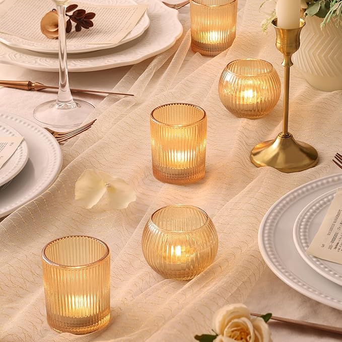 30pcs Assorted Ribbed Gold Votive Candle Holders, Gold Candle Holders for Wedding Table Centerpiece, Tea Light Candle Holder for Bridal Shower, Halloween, Christmas, Brithday and Holiday Decorations