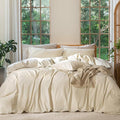 MooMee Bedding Duvet Cover Set 100% Washed Cotton Linen Like Textured Breathable Durable Soft Comfy (Heathered Almond Milk Grey, Super King 108"x98")