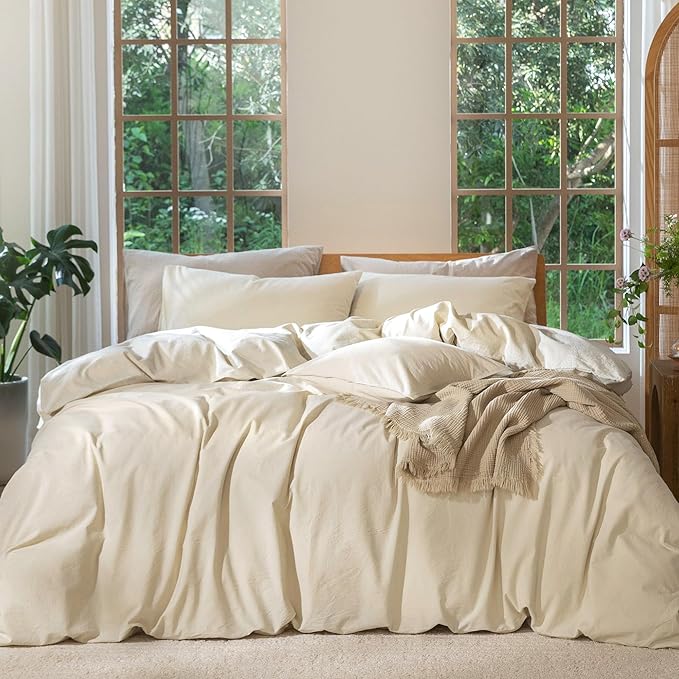 MooMee Bedding Duvet Cover Set 100% Washed Cotton Linen Like Textured Breathable Durable Soft Comfy (Heathered Almond Milk Grey, Full 80"x90")