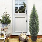 5FT Artificial Cedar Topiary Tree Lifelike Faux Cedar Pines Christmas Trees UV Rated Faux Shrubs Everygreen Plants for Front Porch Outdoor Decor Set of 2