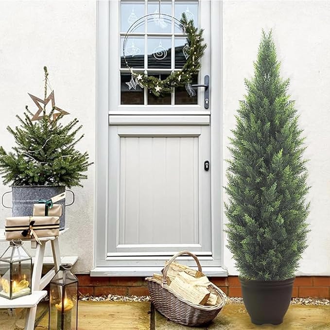 5FT Artificial Cedar Topiary Tree Lifelike Faux Cedar Pines Christmas Trees UV Rated Faux Shrubs Everygreen Plants for Front Porch Outdoor Decor Set of 2