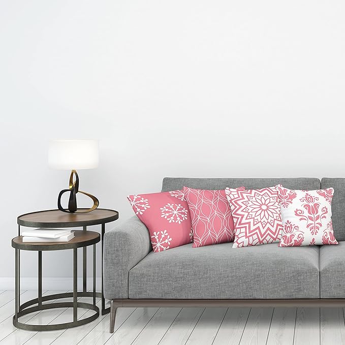 Ambesonne Retro Throw Pillow Cushion Case Pack of 4, Trellis Grid Medieval Floral Damask Mandala Flower Ornament in Modern Monochrome, Modern Accent Double-Sided Digital Printing, 24", Pastel Pink