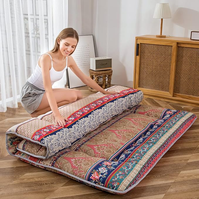 MAXYOYO Bohemian Retro Floor Mattress Vintage Floral Japanese Futon Mattress Roll Up Thicken Sleeping Bed Portable Camping Mattress Floor Lounger Couch Bed Mattress Pad, Full Size