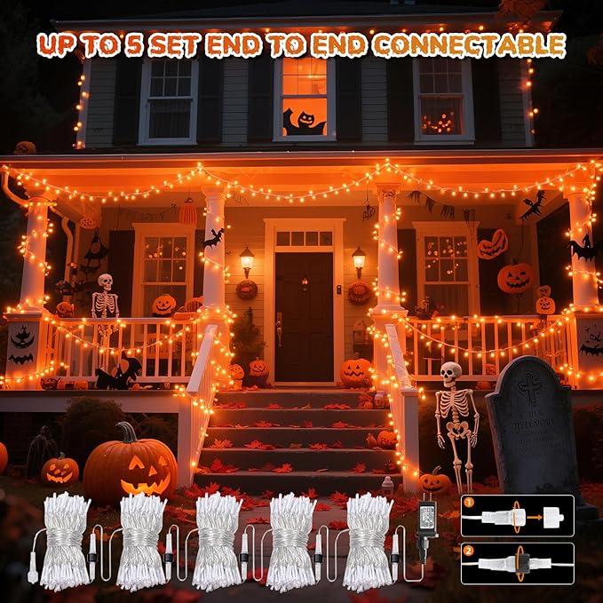 66Ft 200LED Orange Christmas Lights Plug in,Connectable Christmas Tree Lights,8 Modes String Lights Indoor Outdoor for Halloween Tree Party Bedroom Garden Decor (Clear Wire)