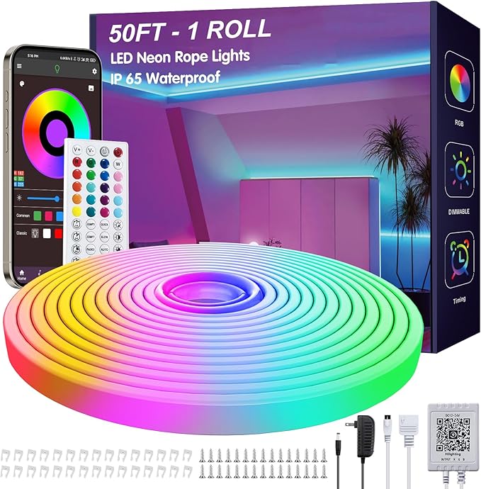 50ft LED Neon Rope Lights with App and Remote Control, IP65 Waterproof Neon Strip Lights for Outdoor Indoor, DIY Design Flexible Led Rope Lights for Bedroom, Living, Gaming, Party Decor