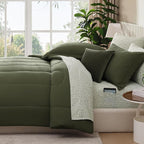 Monbix Full Comforter Set - 7 Pieces Olive Green Bed in a Bag Full Size Track Stitching Bedding Sets, All Seasons Down Alternative Comforter with Sheets,Pillowcases & Shams