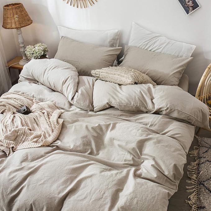 MooMee Bedding Duvet Cover Set 100% Washed Cotton Linen Like Textured Breathable Durable Soft Comfy (Heathered Tannish Linen Grey, Oversized Queen 98"x98")