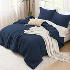 Litanika Navy Blue Comforter Set Queen Size, 3 Pieces Lightweight Solid Bedding Comforter Set, All Season Fluffy Bed Set (90x90In Comforter & 2 Pillowcases)