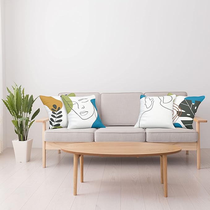 Ambesonne Minimal Throw Pillow Cushion Case Pack of 4, Modern Line Art Woman Portrait with Contemporary Leafy Geometric Details, Modern Accent Double-Sided Digital Printing, 20", Blue Green Marigold