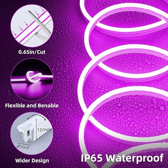 Lamomo LED Strip Lights, 32.8Ft Purple Neon Led Rope Lights, 0.65in/Cut DIY Flexible Silicone Waterproof 24V Led Light Strip for Bedroom,Indoor, Living Room, Kitchen（Power Adapter not Included）