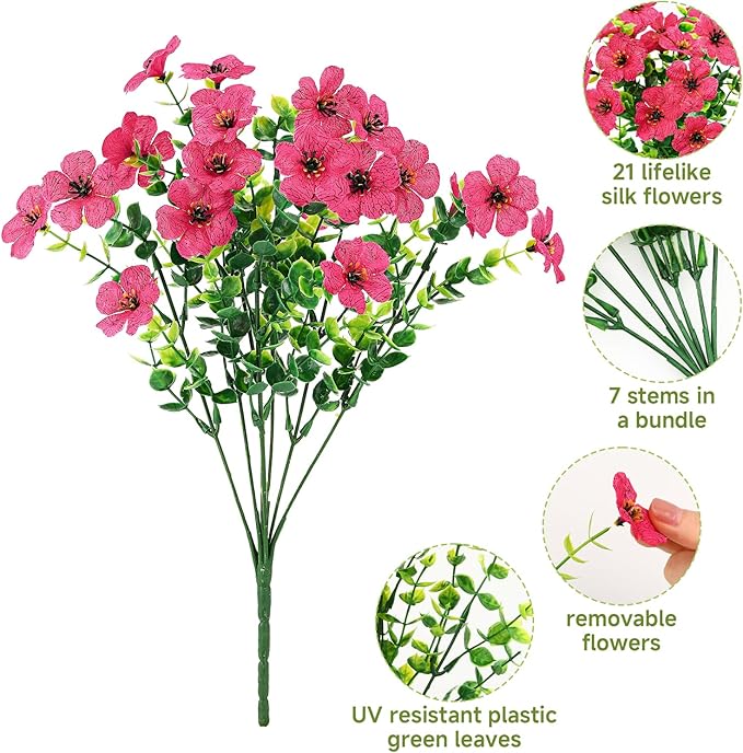 SHareconn 24 Bundles Artificial Flowers for Outdoors, Faux Plants Fake Silk Colorful Daisy Eucalyptus Lavender, UV Resistant for Outside Home Porch Patio Spring Decor, RedRosyPurpleYellowPinkWhite