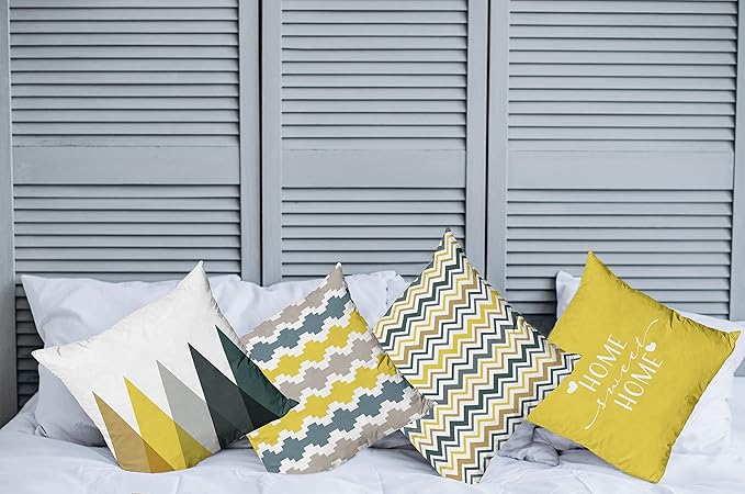 Ambesonne Modern Throw Pillow Cushion Case Pack of 4, Geometric Style Pattern of Triangles Zigzags Love Home Phrase Print, Modern Accent Double-Sided Digital Printing, 24", Yellow Slate Blue and Tan