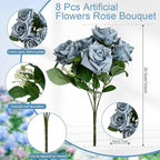 Artificial Roses Bouquets - 8 Bundles Fake Silk Flowers Realistic Faux Florals Bulk for Wedding Bridal Party Baby Shower Event Home Arrangements Centerpieces Decorations (Dusty Blue)