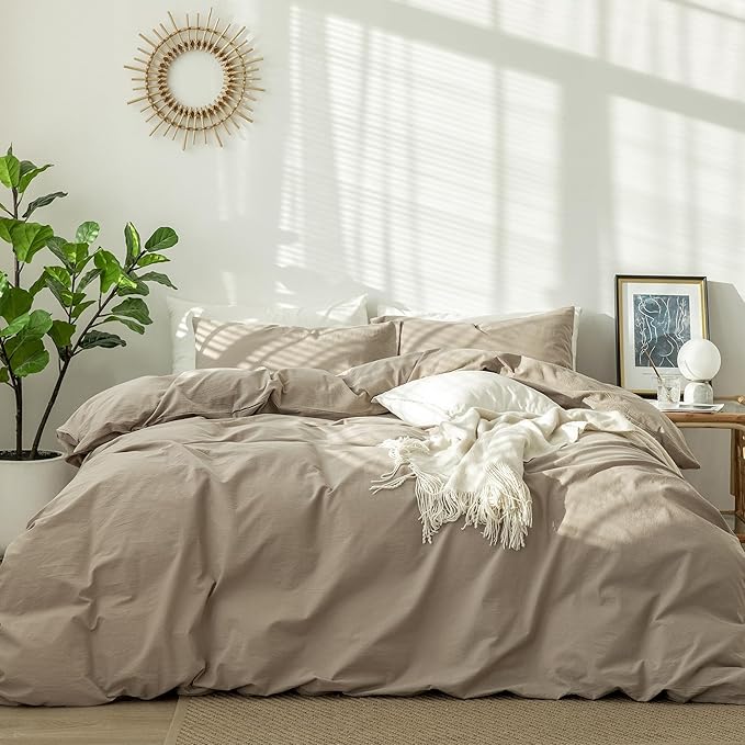 MooMee Bedding Duvet Cover Set 100% Washed Cotton Linen Like Textured Breathable Durable Soft Comfy (Solid Light Camel, Alaska King 132"x120")