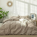 MooMee Bedding Duvet Cover Set 100% Washed Cotton Linen Like Textured Breathable Durable Soft Comfy (Solid Light Camel, Oversized Queen 98"x98")