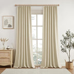 100% Blackout Pinch Pleated Linen Curtains 108 Inches Long, Extra Long Pinch Pleated Drapes with Hooks, Soft Thick Linen Curtain Panels for Sliding Door Modern Farmhouse,60x108, Natural Beige,2 PCs