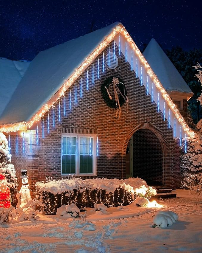Joomer 2Pack Christmas Lights Outdoor, 11.8 inch 10 Tubes 240 LED Meteor Shower Lights, LED Falling Icicle Cascading Light with Timer Waterproof and Connectable for Christmas Decoration (Blue)