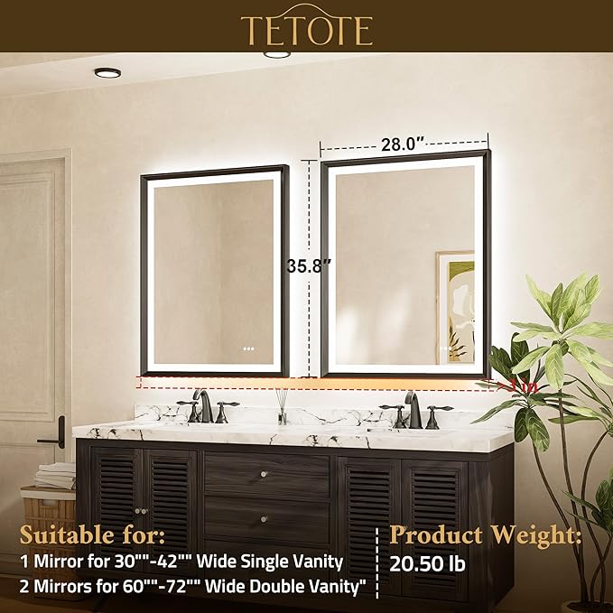 TETOTE Gold LED Bathroom Mirror with Lights 28x36 Frontlit & Backlit Vanity Framed Mirror Baroque Anti Fog Stepless Dimmable White/Warm/Natural,CRI90+,Waterproof,Wall Mounted(Horizontal/Vertical)