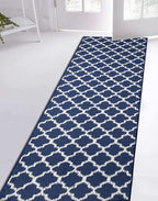 Custom Size Cut to Length Moroccan Trellis Design Runner Rug Mat For Wide Long Hallways with Non-Slip Rubber Backing, Better Traction for Pets, Prevent Slippage, Trellis Navy Blue, 31 inch X 14 feet