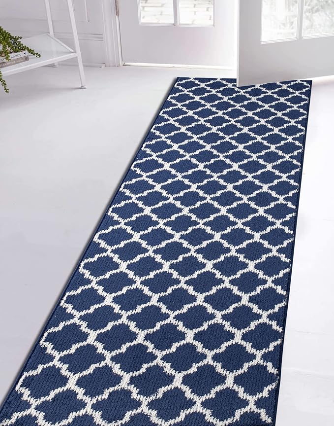 Custom Size Cut to Length Moroccan Trellis Design Runner Rug Mat For Wide Long Hallways with Non-Slip Rubber Backing, Better Traction for Pets, Prevent Slippage, Trellis Navy Blue, 31 inch X 18 feet