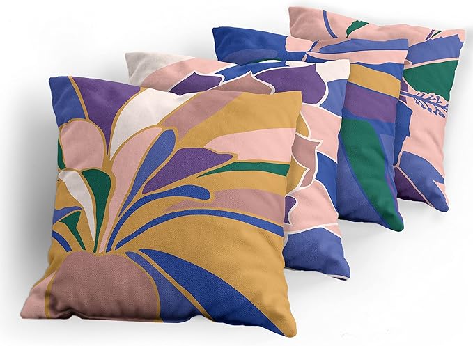 Ambesonne Floral Throw Pillow Cushion Case Pack of 4, Abstract Flowers and Petals with Exotic Vibes Colorful Modern Style, Modern Accent Double-Sided Digital Printing, 18", Rose Dark Violet Mustard