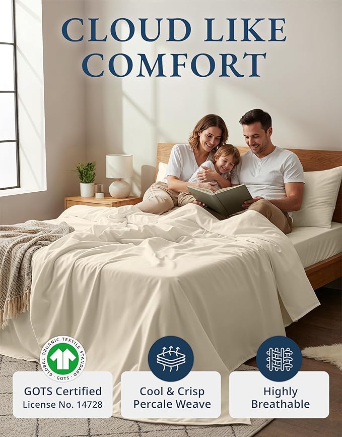 LANE LINEN 100% Organic Cotton Queen Sheets, 4Pc Cotton Sheets Set, Classic Percale Weave Bedsheets Queen Size Bed, Soft Breathable Sheet & Pillowcase Sets, Deep Pocket 15" - Natural