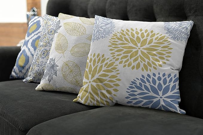Ambesonne Vintage Throw Pillow Cushion Case Pack of 4, Bohemian Ornamental Leaves Dahlia Pattern Geometric Art Curlicue Motif, Modern Accent Double-Sided Digital Printing, 24", Mustard Dark Ceil Blue