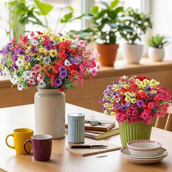 36 Bundles Artificial Flowers for Outdoor Indoor Garden Home Decoration, Look Real for Front Door Porch Patio Yard Balcony, Faux Flower Daisy with Eucalyptus Leaves Fake Plants, 6 Colors