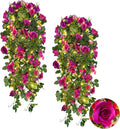 RECUTMS Artificial Hanging Rose Flower 2PCS 3.3Ft Flowers for Outdoors with 30 LED Fairy String Lights Fake Indoor Outdoor Wall Wedding (Purple)
