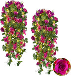 RECUTMS Artificial Hanging Rose Flower 2PCS 3.3Ft Flowers for Outdoors with 30 LED Fairy String Lights Fake Indoor Outdoor Wall Wedding (Purple)