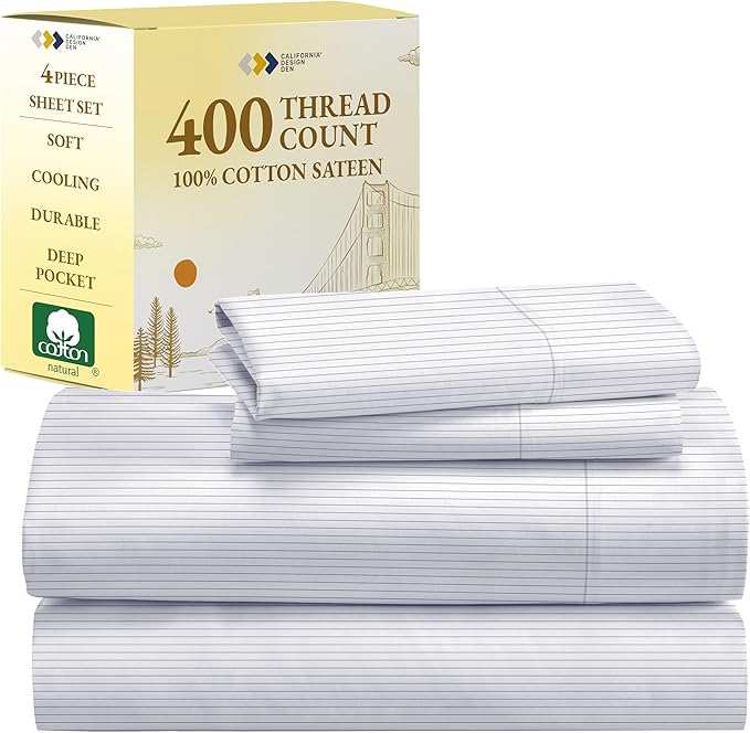 California Design Den Full Size Bed Sheets Set - 400 Thread Count Sateen, Natural 100% Cotton Sheets Full Size, Deep Pocket Cooling and Durable Bedding Set - Pinstriped