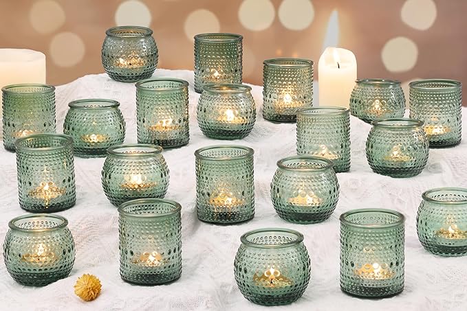 40 Pcs Assorted Green Votive Candle Holders Bulk- Glass Tealight Candle Holder for Wedding Table Decor, Green Candle Holders for Christmas, Vintage Party Table Decor