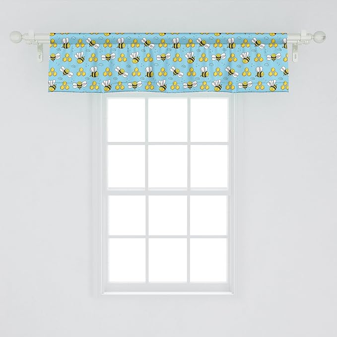 Ambesonne Cartoon Window Valance, Summer Style Funny Demonstration of Happy Flying Characters and Hexagon Comb, Curtain Valance for Kitchen Bedroom Decor with Rod Pocket, 54" X 12", Sky Blue Mustard