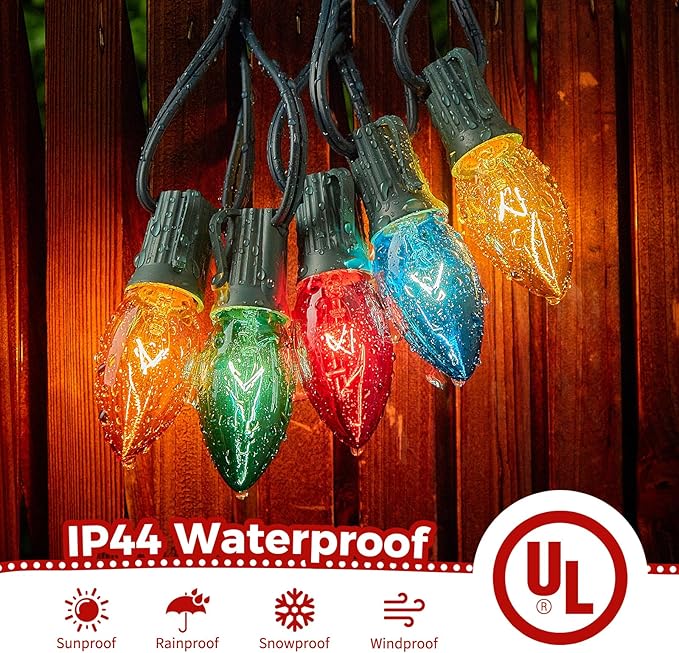 25 Feet C9 Bulb String Lights Outdoor Multicolored Christmas Lights Green Wire for Outdoor Patio Room Party Backyard Decoration, 25 Bulbs