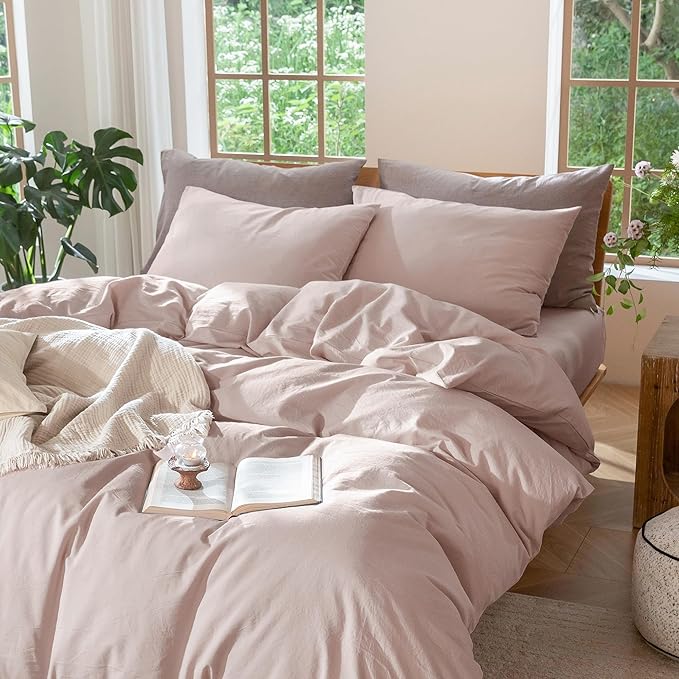 MooMee Bedding Duvet Cover Set 100% Washed Cotton Linen Like Textured Breathable Durable Soft Comfy (Heathered Greyish Pink, Cal King 104"x98")