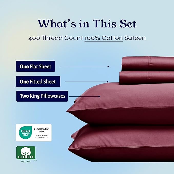 California Design Den King Size Sheets Set - Soft 400 Thread Count Sateen, Natural 100% Cotton Sheets with Deep Pockets, Breathable, Cooling and Durable Bedding Set - Burgundy Red