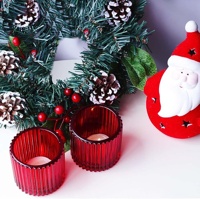 VOHO Red Votive Candle Holders for Christmas Valentines Day Decoration, Vintage Ribbed Tea Lights Candle Holder for Wedding, 6pcs Large Tealight Candle Holder for Votives Tea Lights(2.75'' x 2.56'')