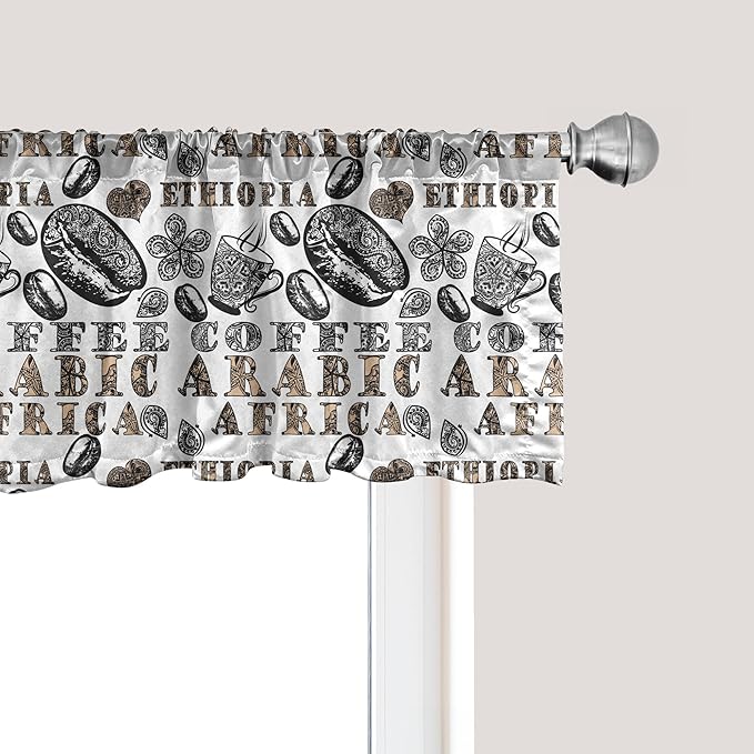 Ambesonne Modern Window Valance Pack of 2, Coffee Beans with Ornamental Words Ethiopians Pattern, Rod Pocket Curtain Valances for Kitchen Bedroom, 42" X 12", Sand Brown Black