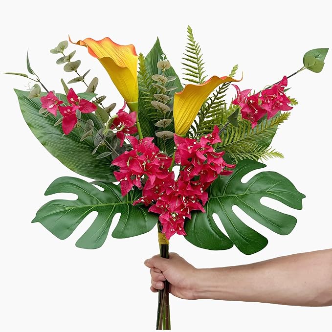 Artificial Tropical Bouquet Calla Lily Bougainvillea Flowers with Monstera Alocasia Fern Eucalyptus Greenery Stems for Home Office Hotel Table Vase Centerpieces Decor (Mixed Tropical Color)
