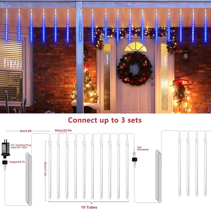 Joomer Christmas Lights Outdoor, 11.8 inch 10 Tubes 240 LED Meteor Shower Lights, LED Snow Falling Icicle Cascading Light with Timer Waterproof and Connectable for Christmas Decoration (Blue)