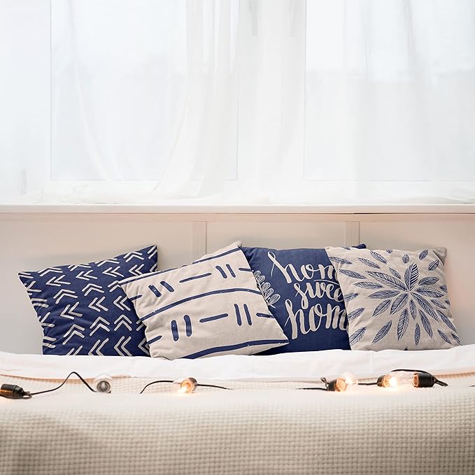 Ambesonne Modern Throw Pillow Cushion Case Pack of 4, Scandinavian Minimal Ornaments Boho Feather Leaves and Home Phrase Print, Modern Accent Double-Sided Digital Printing, 18", Pale Tan and Indigo
