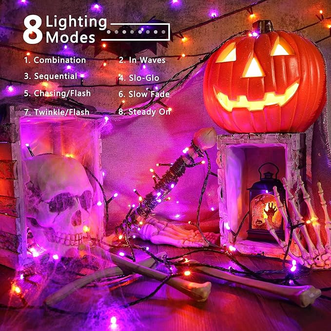 Brizled Purple & Orange Halloween Lights, 95.14ft 240 LED Halloween String Lights Connectable with Timer, 8 Modes Outdoor Orange Light, Plugin Mini Light Waterproof for Outside Spooky Decoration