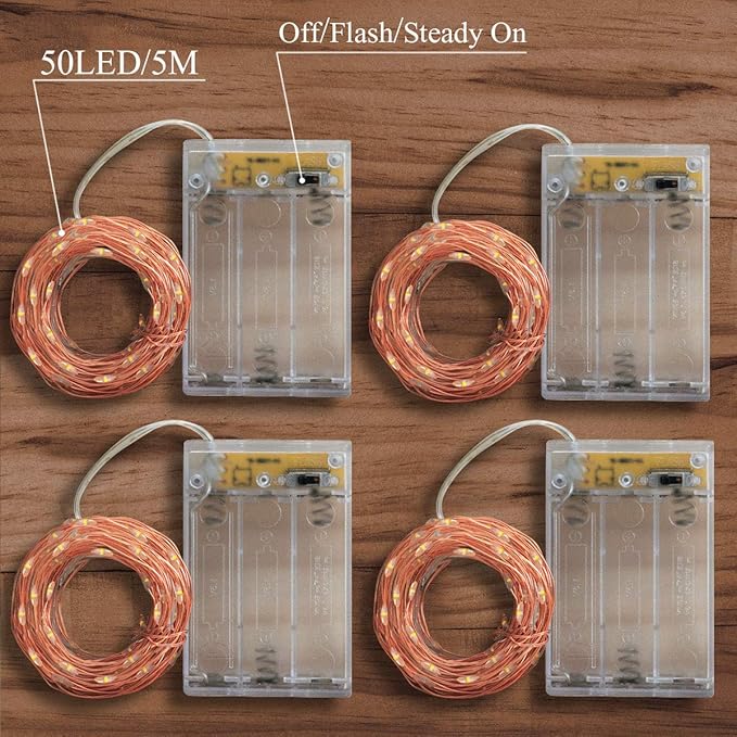 4 Pack 50 LED Warm White Battery-Powered Mini Christmas Fairy Lights, 16.4 FT Flexible Copper Wire, Indoor/Outdoor, LED, Battery Operated
