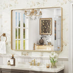 40x30 Inch Gold Framed Bathroom Mirror, Brushed Gold Metal Vanity Mirror, Gold Rectangle Mirror for Wall, Rounded Corner, Tempered Glass, Anti-Rust, Shatterproof (Horizontal/Vertical)