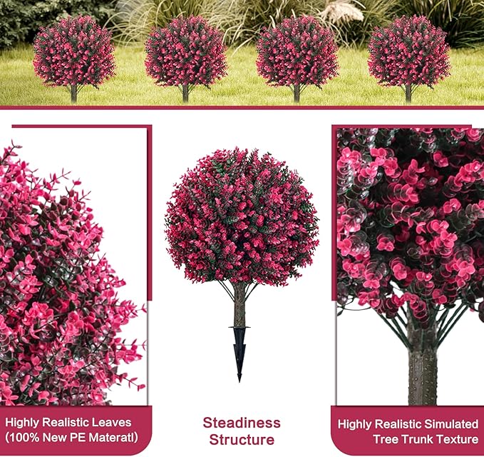 Artificial Rose Boxwood Spherical Tree, UV-Resistant Faux Shrub, Set of 2 Outdoor Artificial Plants, Suitable for Gardens, Porches and Outdoor Planters [24 inches]