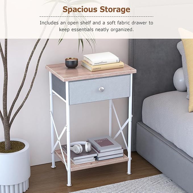 VECELO Nightstand with Drawer, Small Bedside Table with Storage and Adjustable Metal Legs, Wood End Table for Bedroom or Living Room, Perfect for Small Spaces and Modern Farmhouse Décor, Light Brown