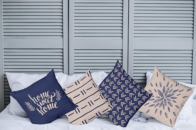 Ambesonne Modern Throw Pillow Cushion Case Pack of 4, Scandinavian Minimal Ornaments Boho Feather Leaves and Home Phrase Print, Modern Accent Double-Sided Digital Printing, 18", Pale Tan and Indigo
