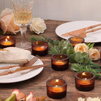 30Pcs Ribbed Amber Votive Candle Holders for Table Centerpiece, Amber Tea Light Candle Holders with 32pcs Tea Light Candles for Wedding Decor, Home Decor and Party Decor